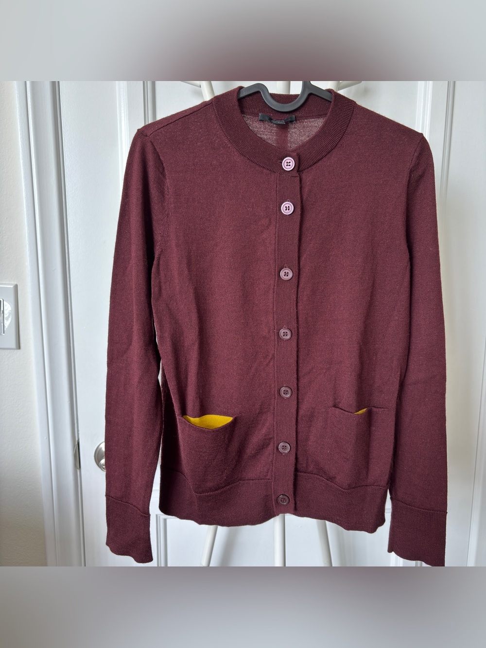 COS Women's Wool Burgundy Cardigan with Yellow Pocket Accents XS